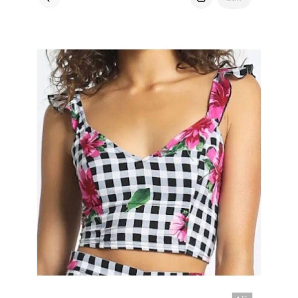 Sans Souci Floral Checker Cropped Top in Black/White/Pink Women’s M